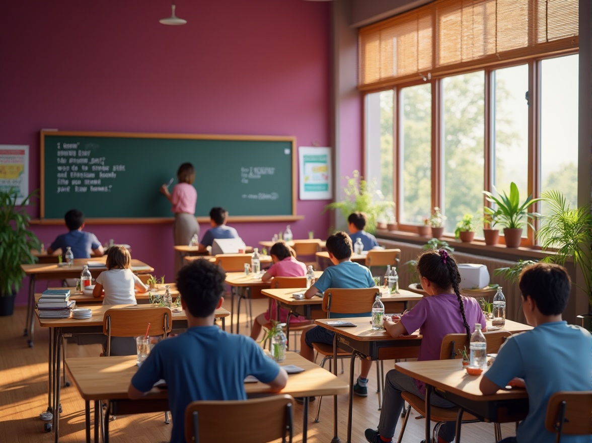 Prompt: Educational space, vibrant plum color walls, wooden desks, metal chairs, inspiring quotes, motivational posters, softbox lighting, warm atmosphere, students studying, laptops open, books stacked, water bottles placed, pencils scattered, teacher standing, writing on blackboard, green plants potted, window blinds half-opened, natural light pouring in, 3/4 composition, shallow depth of field, bright and airy ambiance.