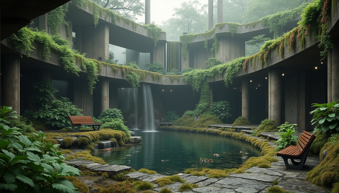 Prompt: Brutalist architecture, natural park elements, concrete fortress, ivy-covered walls, steel beams, industrial pipes, brutalist columns, angular shapes, green roof, overgrown vegetation, wildflowers, moss, ferns, tree roots, rugged stone paths, wooden benches, serene water features, koi pond, waterfall, mist, foggy atmosphere, soft warm lighting, cinematic composition, 3/4 view, low-angle shot.