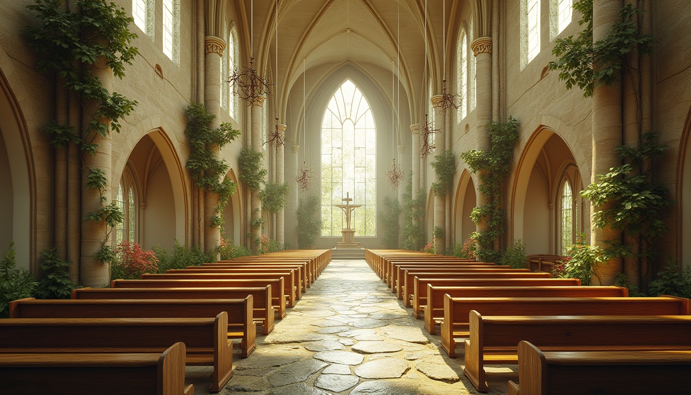 Prompt: Modern church interior, natural integration, botanical elements, vines wrapping pillars, leaf-patterned stained glass windows, wooden pews resembling tree branches, stone flooring with river-rock texture, moss-covered walls, soft diffused lighting, warm beige color palette, intricate branch-like chandeliers, nature-inspired sculptures, serene ambiance, peaceful atmosphere, grand high ceilings, arched doorways, gentle morning sunlight filtering through clerestory windows, subtle misty fog effect, 3/4 composition, symmetrical framing, warm and inviting ambient light.