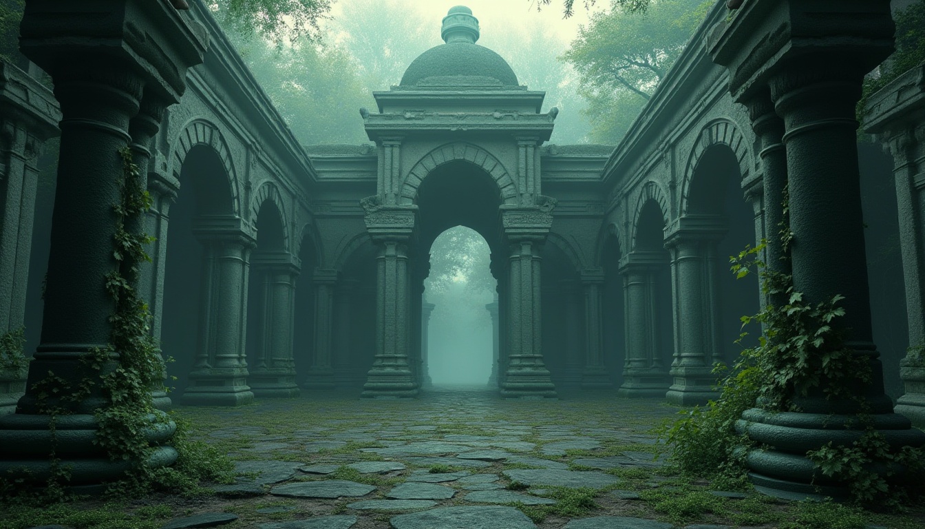 Prompt: Ancient monument, grandiose architecture, incorporating malachite color, intricate stone carvings, ornate details, mysterious ambiance, eerie twilight, foggy atmosphere, misty background, overgrown with vines and moss, abandoned yet majestic, symmetrical composition, central axis perspective, dramatic lighting, warm golden hour, cinematic mood, 3D rendering, high-poly model, detailed textures, ancient civilization inspiration.