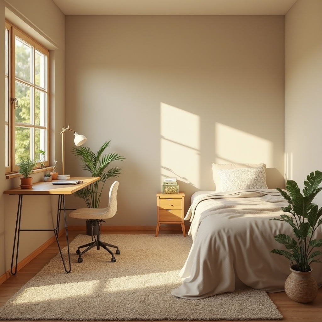 Prompt: Cozy dorm room, beige color palette, warm and calming atmosphere, soft natural light, wooden furniture, minimalist decorations, plush carpet, comfortable bedding, pillows in subtle patterns, beige walls with slight texture, wooden desk with metal legs, ergonomic chair, few potted plants, gentle shadows, 3/4 composition, soft focus, calming ambiance.