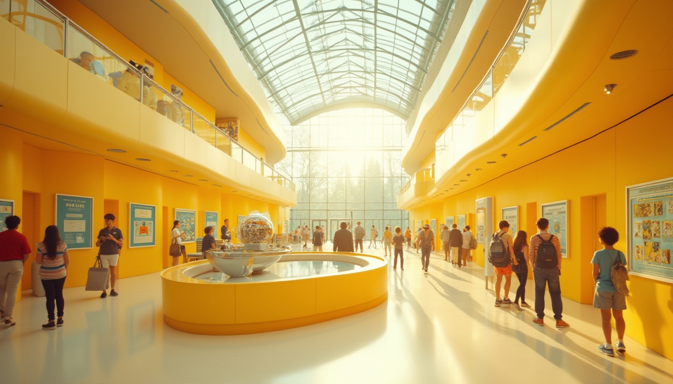 Prompt: Light yellow walls, modern science center, futuristic architecture, curved lines, transparent glass roof, minimalist interior design, sleek metal equipment, various interactive exhibits, curious students, joyful atmosphere, warm soft lighting, shallow depth of field, blurred background, 3/4 composition, morning sunlight streaming through the windows.