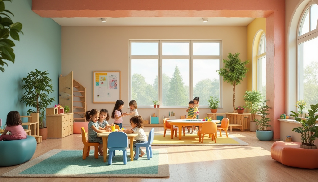 Prompt: Modern kindergarten interior, vibrant colors, playful atmosphere, round tables, tiny chairs, educational toys, interactive whiteboards, colorful carpets, natural light pouring in through large windows, green plants, wooden blocks, art supplies scattered on tables, cheerful children laughing and playing, gentle teacher guidance, acoustic panels on ceiling, soft pastel colors, rounded corners, safety gates, staircases with railings, wooden accents, flexible seating areas, collaborative learning spaces, sensory play zones, reading nooks, imaginative play structures, technology integration stations.