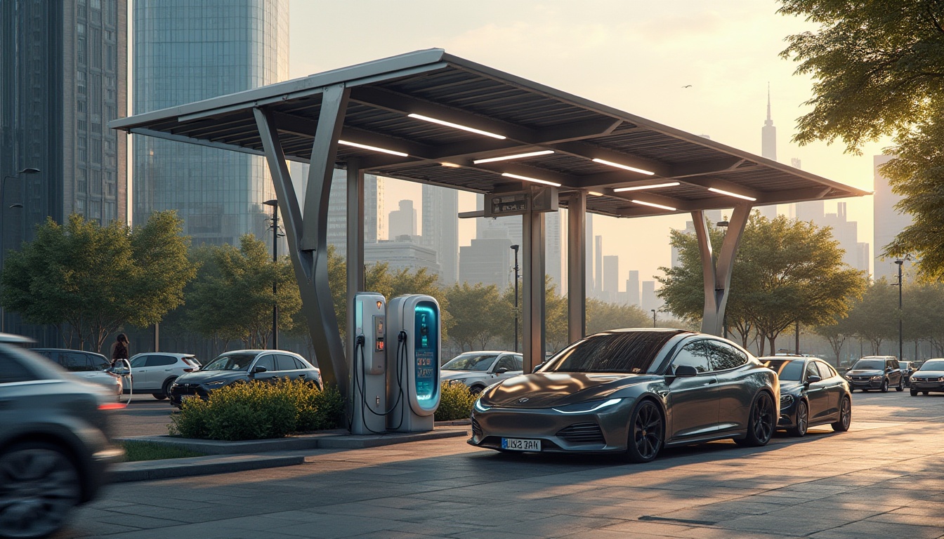 Prompt: Modern urban charging station, sleek futuristic design, steel frame, LED lights, solar panels, green roof, cityscape background, skyscrapers, busy streets, pedestrian traffic, electric cars parked, charging cables connected, urban plants surrounding, warm afternoon light, shallow depth of field, 3/4 composition.