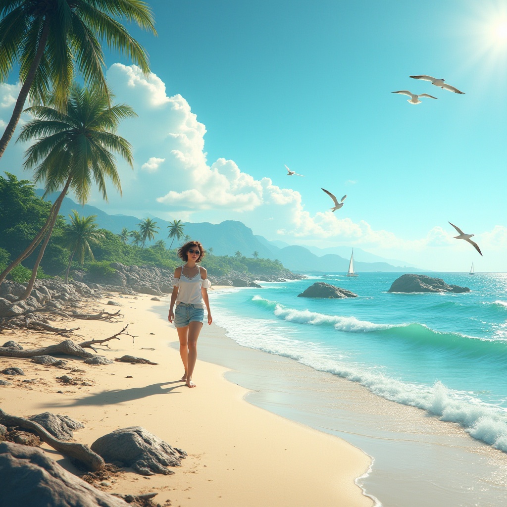 Prompt: Seaside coastal environment, sunny day, clear blue sky, gentle sea breeze, waves crashing against the shore, sandy beach, palm trees swaying, driftwood, rocky formations, seagulls flying overhead, sailboats in the distance, a lone figure walking along the shoreline, casual summer clothing, sunglasses, messy beach hair, relaxed posture, warm ambient lighting, shallow depth of field, cinematic composition, natural texture, realistic rendering.