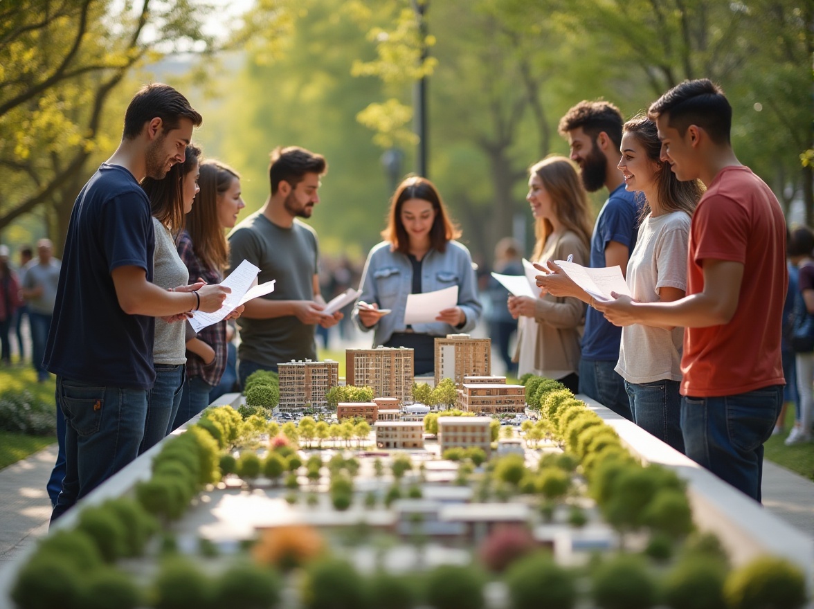 Prompt: Urban planning, community engagement, diverse group of people, mixed ages, genders, ethnicities, casual clothing, jeans, t-shirts, sneakers, holding papers, pens, laptops, standing around a large table, architectural model, miniature cityscape, green spaces, public park, trees, flowers, sunny day, warm light, shallow depth of field, slight blur effect, realistic textures, vibrant colors, dynamic composition.