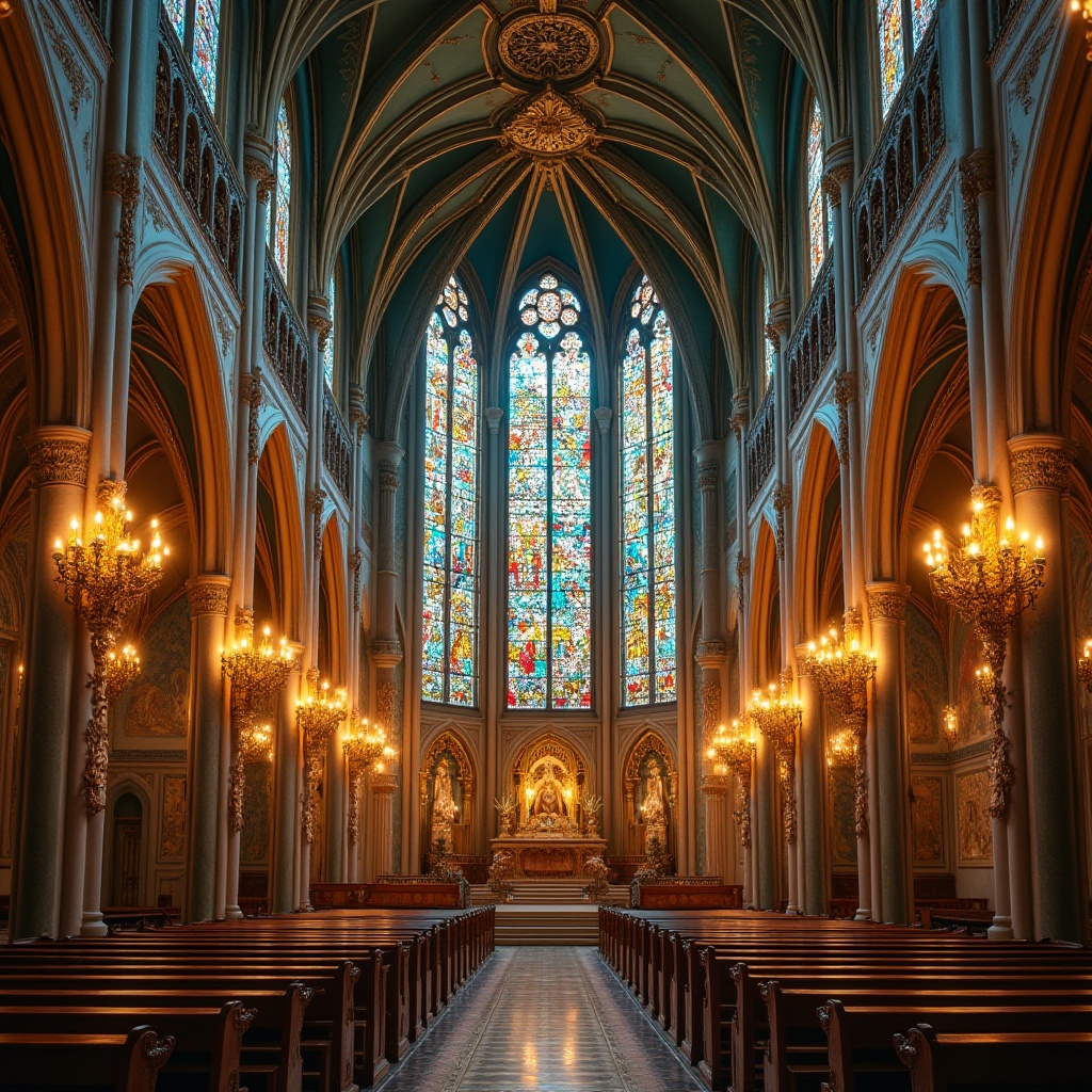 Prompt: Art Nouveau church, grand interior, stained glass windows, intricate patterns, ornate decorations, flowing organic lines, vibrant colors, golden accents, high ceilings, majestic arches, ornate pillars, detailed stone carvings, stunning murals, luxurious chandeliers, warm ambient lighting, 3/4 composition, close-up of architectural details, soft focus background, cinematic atmosphere, HDR effect.