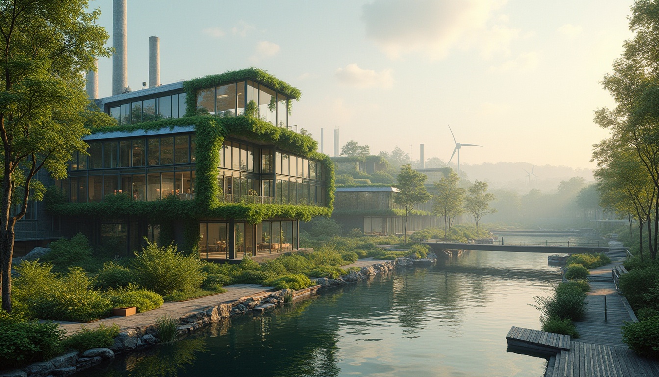 Prompt: Lakefront, factory, green architecture, modern, innovative, futuristic, sustainable, eco-friendly, glass walls, steel frames, solar panels, wind turbines, lush greenery, vines crawling up walls, water features, fountains, reflection pools, walking paths, wooden decks, benches, lake views, misty morning, soft golden lighting, panoramic view, 3/4 composition, cinematic atmosphere, natural materials, textures, depth of field.