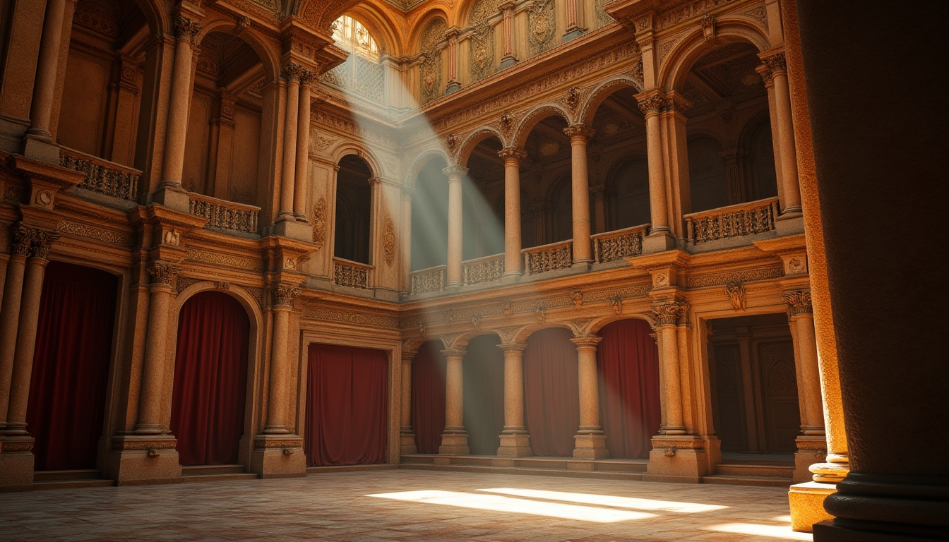 Prompt: Ancient Byzantine theater, grandiose architecture, ornate sandstone columns, intricate carvings, majestic arches, dimly lit interior, warm golden lighting, soft shadows, polished marble floors, ornamental frescoes, lavish velvet curtains, gilded details, regal atmosphere, dramatic spotlights, symmetrical composition, low-angle shot, cinematic ambiance.