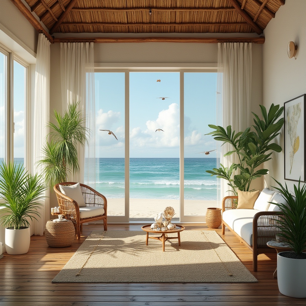 Prompt: Coastal beach loft, vernacular architecture style, tropical island setting, natural materials, wood accents, bamboo roofing, large windows, ocean views, minimalist decor, white interior, wooden floor, cozy reading nook, comfortable couch, woven rattan furniture, potted palm trees, natural lighting, soft breeze, sounds of waves crashing, seagulls flying overhead, warm sandy beach, driftwood decorations, shells and pebbles adornments, relaxed atmosphere, 3/4 composition, soft focus, natural colors.