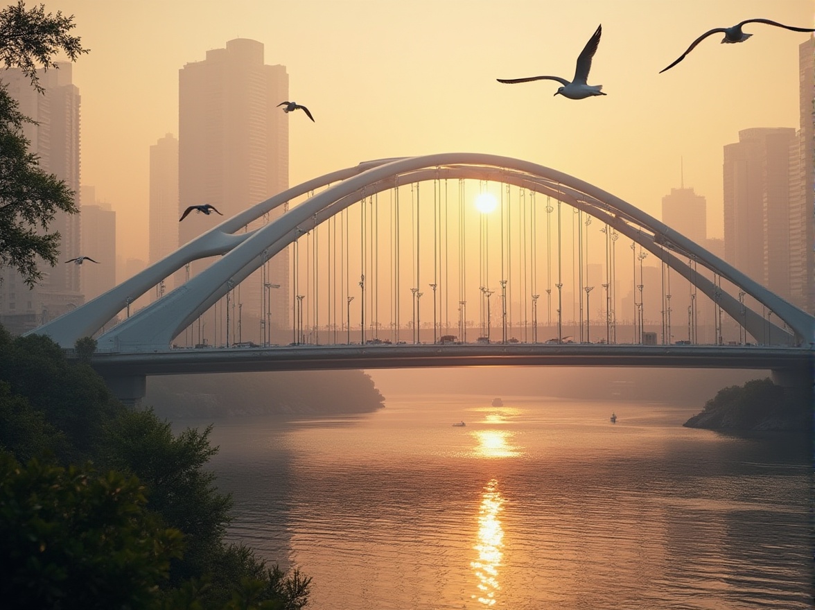 Prompt: Streamlined, Modern bridge, elegant curves, silver metallic material, smooth texture, gentle arches, suspension cables, urban cityscape, sunset time, warm golden light, misty atmosphere, river flowing beneath, lush greenery on banks, few sailboats drifting, seagulls flying overhead, dramatic low-angle shot, cinematic composition, soft focus on background, high contrast, 3/4 view, subtle shadows.