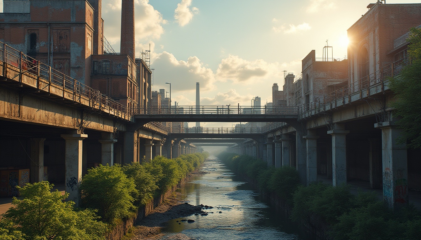 Prompt: Industrial area, pedestrian bridge, connecting factories, warehouses, modern architecture, steel beams, concrete pillars, urban renewal, revitalization, green spaces, integration with nature, vibrant street art, graffiti, cityscape, urban jungle, warm afternoon light, soft focus, atmospheric perspective, 3/4 composition.