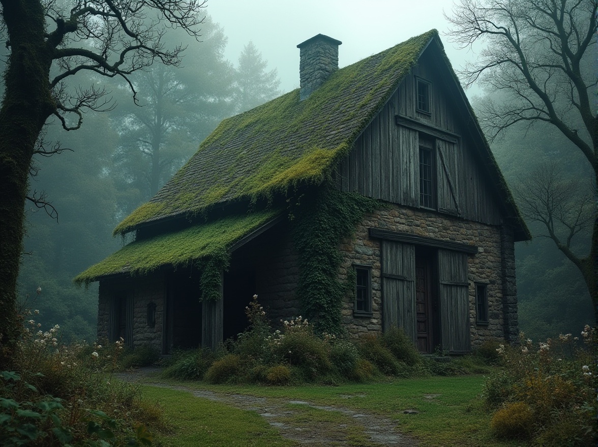 Prompt: Rustic barn, gothic architecture, natural elements fusion, vines crawling up stone walls, ivy-covered wooden doors, moss-covered roof, overgrown with wildflowers, distressed wood texture, earthy color palette, mysterious ambiance, dim warm lighting, foggy atmosphere, forest surroundings, tall trees looming in the background, twisted branches, eerie silence, abandoned feel, cinematic composition, low-key lighting.