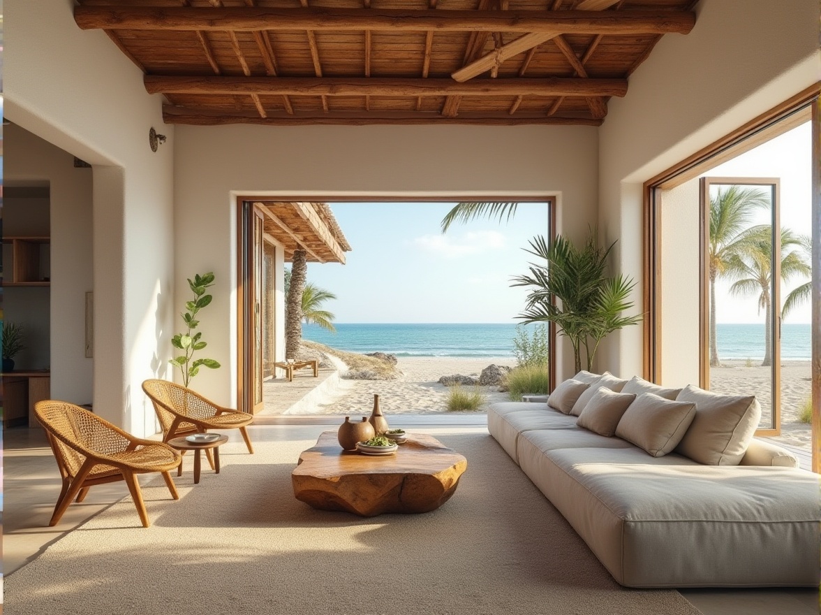 Prompt: Beach loft, vernacular architecture, wooden structure, rustic exterior, white stucco walls, sloping roof, large windows, sliding glass doors, natural lighting, open-plan living area, minimal decor, beige sofas, woven rattan armchairs, driftwood coffee table, sea-inspired color palette, ocean views, palm trees, sandy dunes, clear blue sky, warm sunlight, gentle breeze, 3/4 composition, soft focus, natural textures, serene atmosphere.