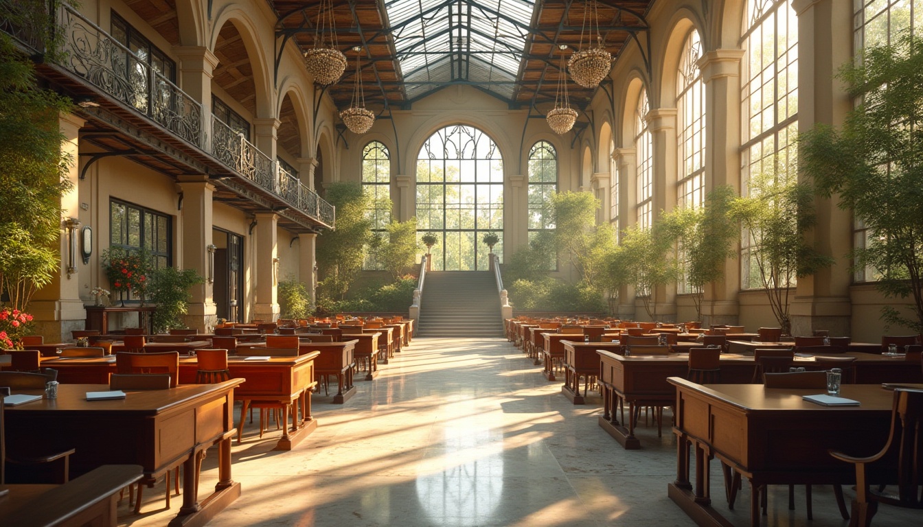 Prompt: Romanticism style school, incorporating steel material, modern architecture, glass walls, steel beams, intricate ironwork details, ornate steel doors, luxurious chandeliers, grand staircases, polished marble floors, soft warm lighting, warm beige walls, elegant wooden desks, greenery-filled courtyard, blooming flowers, sunny afternoon, soft focus, cinematic composition.