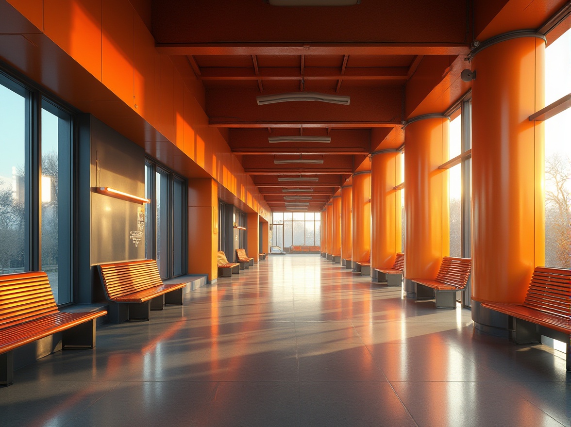 Prompt: Modern tram station, Ochre color scheme, industrial chic atmosphere, sleek metallic pillars, ochre-hued walls, minimalist benches, futuristic LED lighting, spacious high ceiling, large glass windows, urban cityscape background, morning sunlight filtering through, shallow depth of field, vibrant colors, warm ambient light, 3/4 composition, panoramic view.