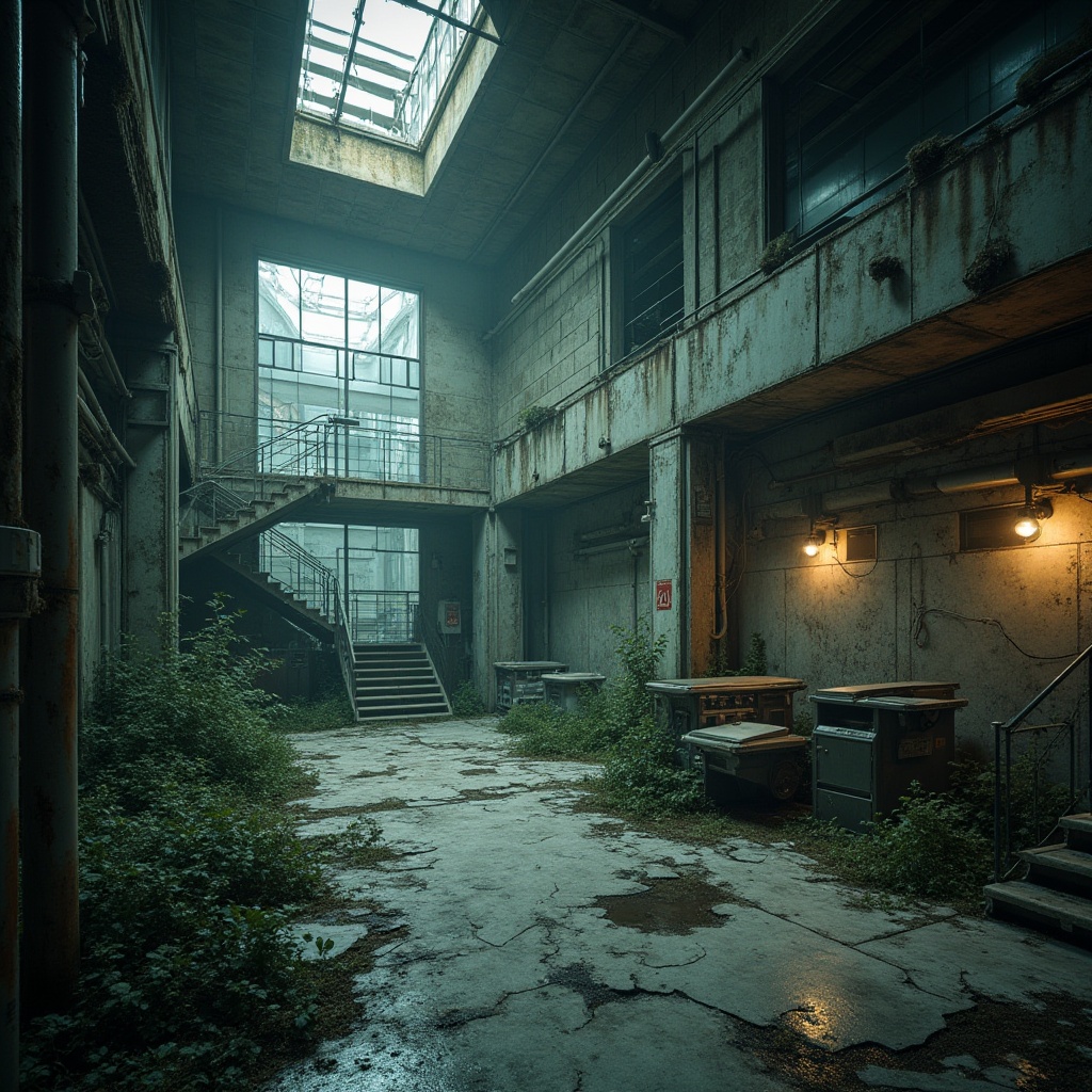 Prompt: Deconstructivist clinic, irregular geometric shapes, fragmented walls, distorted perspectives, metallic materials, glass, steel beams, industrial lighting, futuristic ambiance, abandoned machinery, overgrown vegetation, eerie atmosphere, dramatic shadows, high contrast, cinematic composition, 3/4 view, low-angle shot, bold colors, abstract patterns.