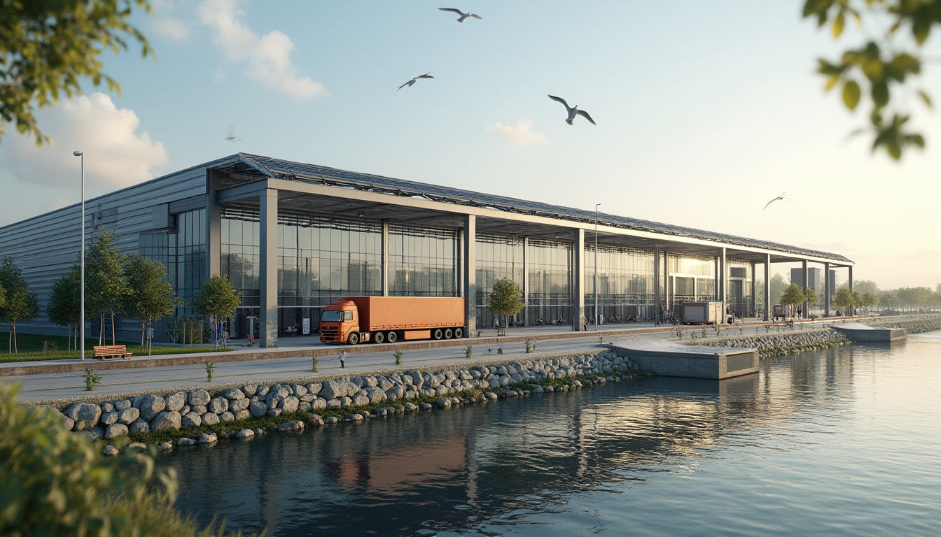 Prompt: Modern distribution center, riverbank location, steel frame structure, glass facade, solar panels on roof, loading docks with hydraulic lifts, cargo trucks parked outside, riverside walkway, greenery, benches, lampposts, seagulls flying overhead, sunny afternoon, soft warm light, 3/4 composition, shallow depth of field.