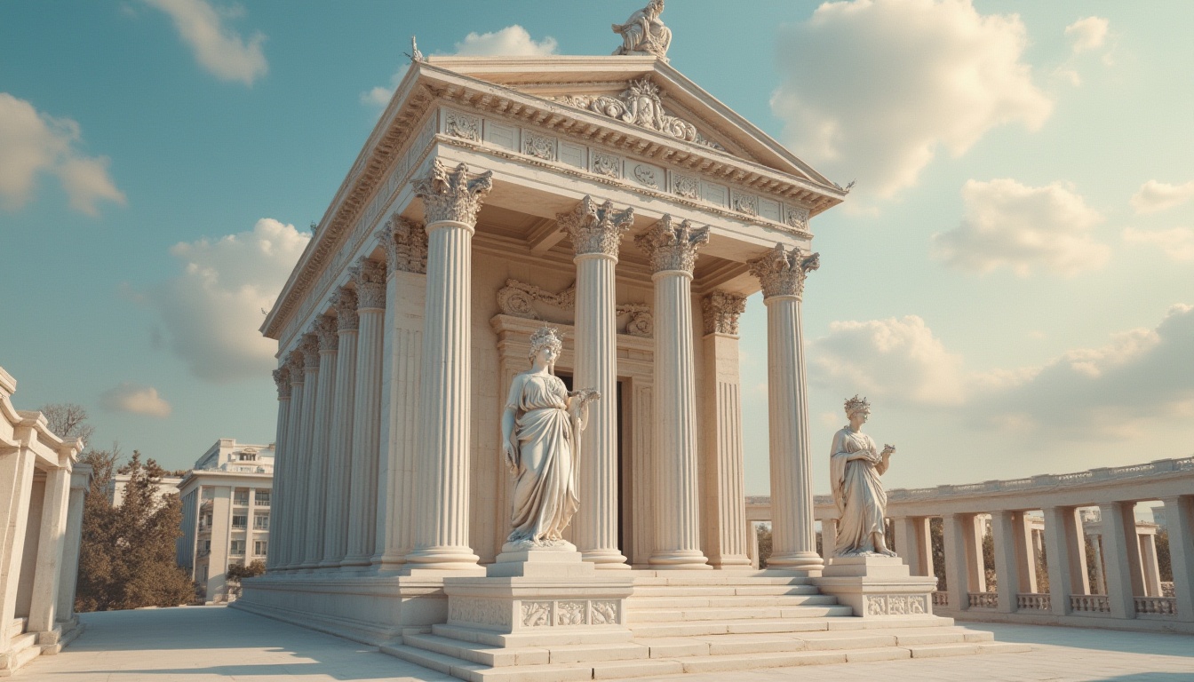 Prompt: Ancient Greek-style monument, grandiose structure, white marble material, intricate carvings, ornate details, goddess statue, draped cloth, laurel wreath, pedestal base, symmetrical composition, warm afternoon sunlight, soft shadows, subtle texture, realistic reflection, high-contrast lighting, dramatic clouds, cinematic atmosphere.