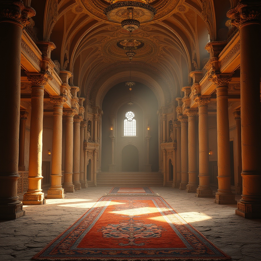 Prompt: Ancient Byzantine theater, sandstone columns, ornate carvings, golden mosaics, richly patterned rugs, grandiose chandeliers, majestic arches, intricate stone carvings, soft warm lighting, dramatic shadows, ancient Greek-inspired architecture, opulent decorations, solemn atmosphere, 3/4 composition, low-angle shot, cinematic lighting.