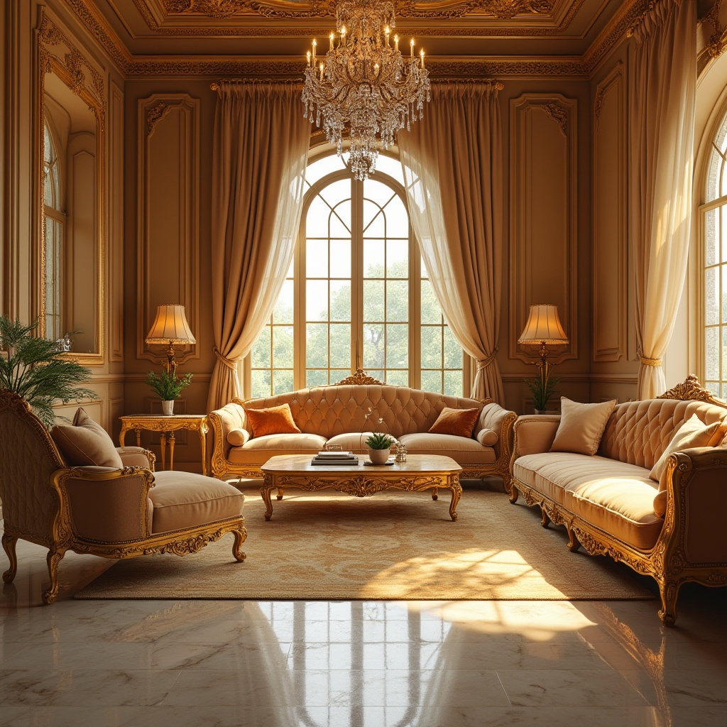 Prompt: Luxurious interior, elegant atmosphere, golden color palette, velvet sofa, intricate wooden furniture, crystal chandelier, marble floor, tall windows, heavy curtains, soft warm lighting, afternoon sunbeam, subtle shadows, refined textures, ornate decorations, lavish fabrics, sophisticated ambiance, high-end lifestyle, opulent materials.