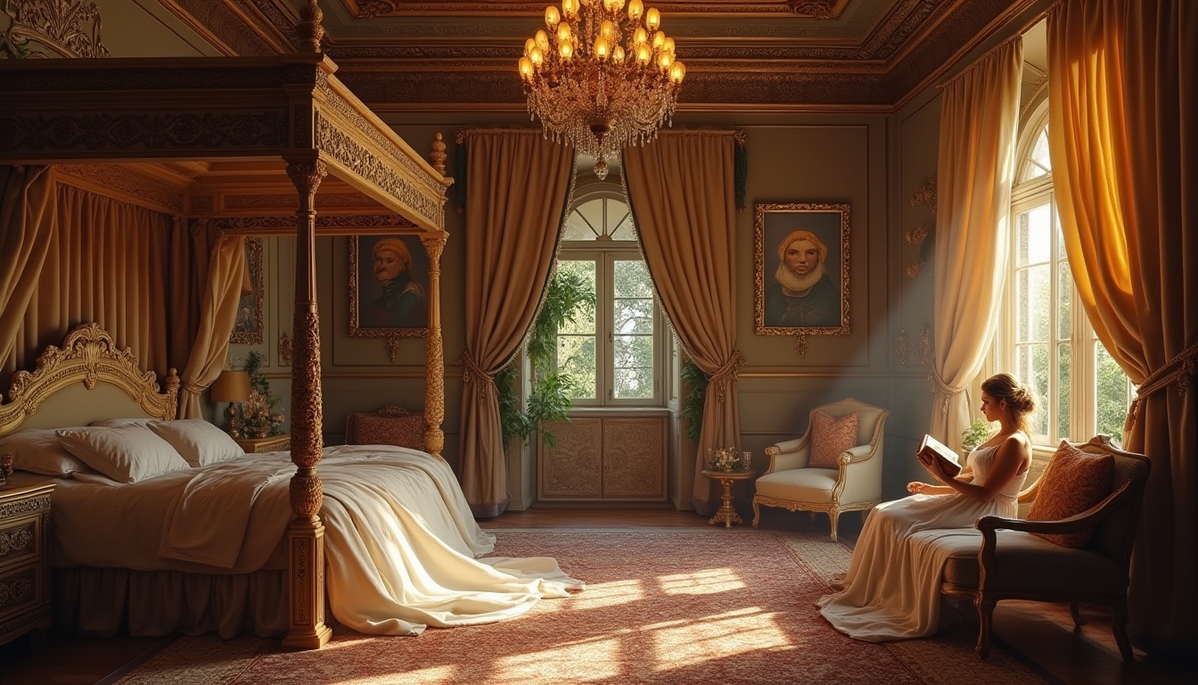 Prompt: Byzantine style dorm, luxurious, ornate details, golden accents, intricate mosaics, regal atmosphere, lavish furnishings, plush carpets, majestic four-poster beds, velvet drapes, crystal chandeliers, marble floors, grandiose staircases, cozy reading nooks, warm lighting, intimate setting, rich wood tones, mature lady, elegant hair, sophisticated makeup, flowing white gown, reading a book, sitting on a throne-like chair, surrounded by ancient artifacts, warm afternoon light, soft focus.