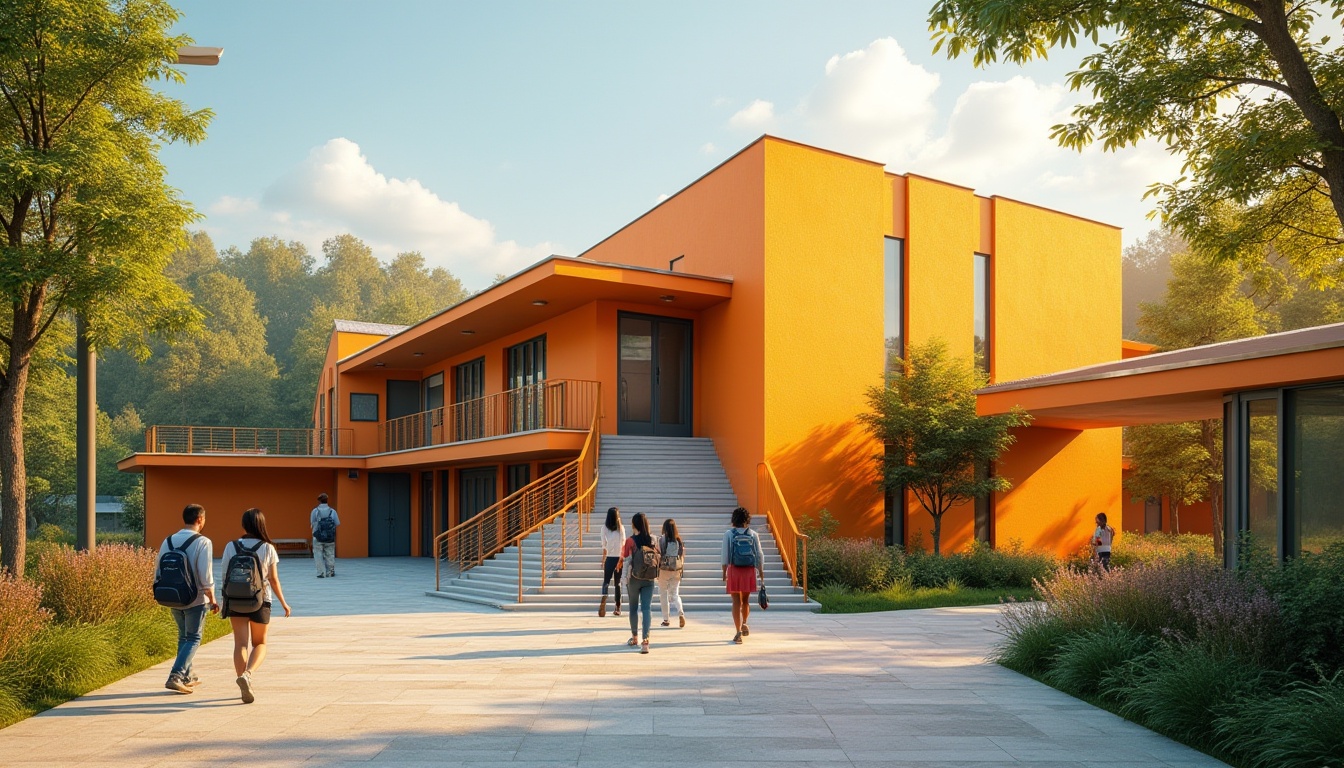 Prompt: Persimmon colored school building, modern architectural style, vibrant orange-yellow walls, large glass windows, sloping roof, outdoor staircase, lush greenery surroundings, students walking towards entrance, backpacks and bags in various colors, sunny afternoon, warm soft lighting, shallow depth of field, 3/4 composition, natural texture, symmetrical structure.