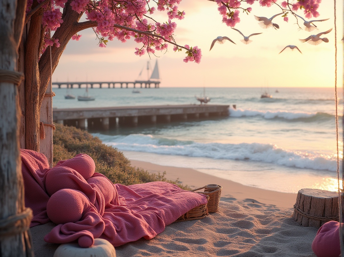 Prompt: Plum-colored accents, coastal scenery, serene atmosphere, gentle waves crashing, sandy beach, driftwood, weathered pier, sailboats in distance, seagulls flying overhead, warm sunset light, soft focus, shallow depth of field, plum-hued beach towels, woven wicker furniture, natural textures, distressed wood, nautical ropes, ocean breeze, misty veil, dreamy ambiance.