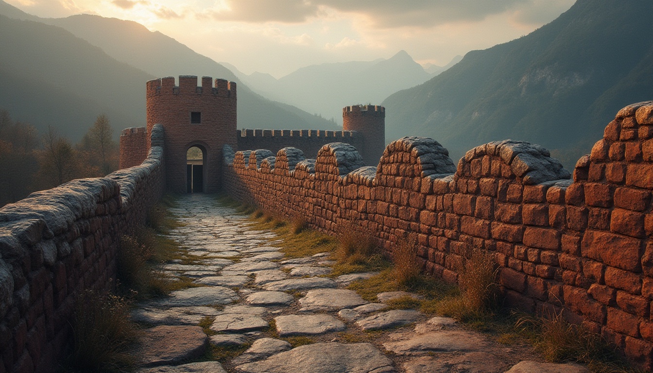 Prompt: Ancient stone wall, rough-hewn granite blocks, weathered rusty red color, subtle texture, medieval European style, majestic castle background, misty mountains in distance, dramatic cloudy sky, warm softbox lighting, 3/4 composition, rich detailed foreground, atmospheric perspective, cinematic mood.