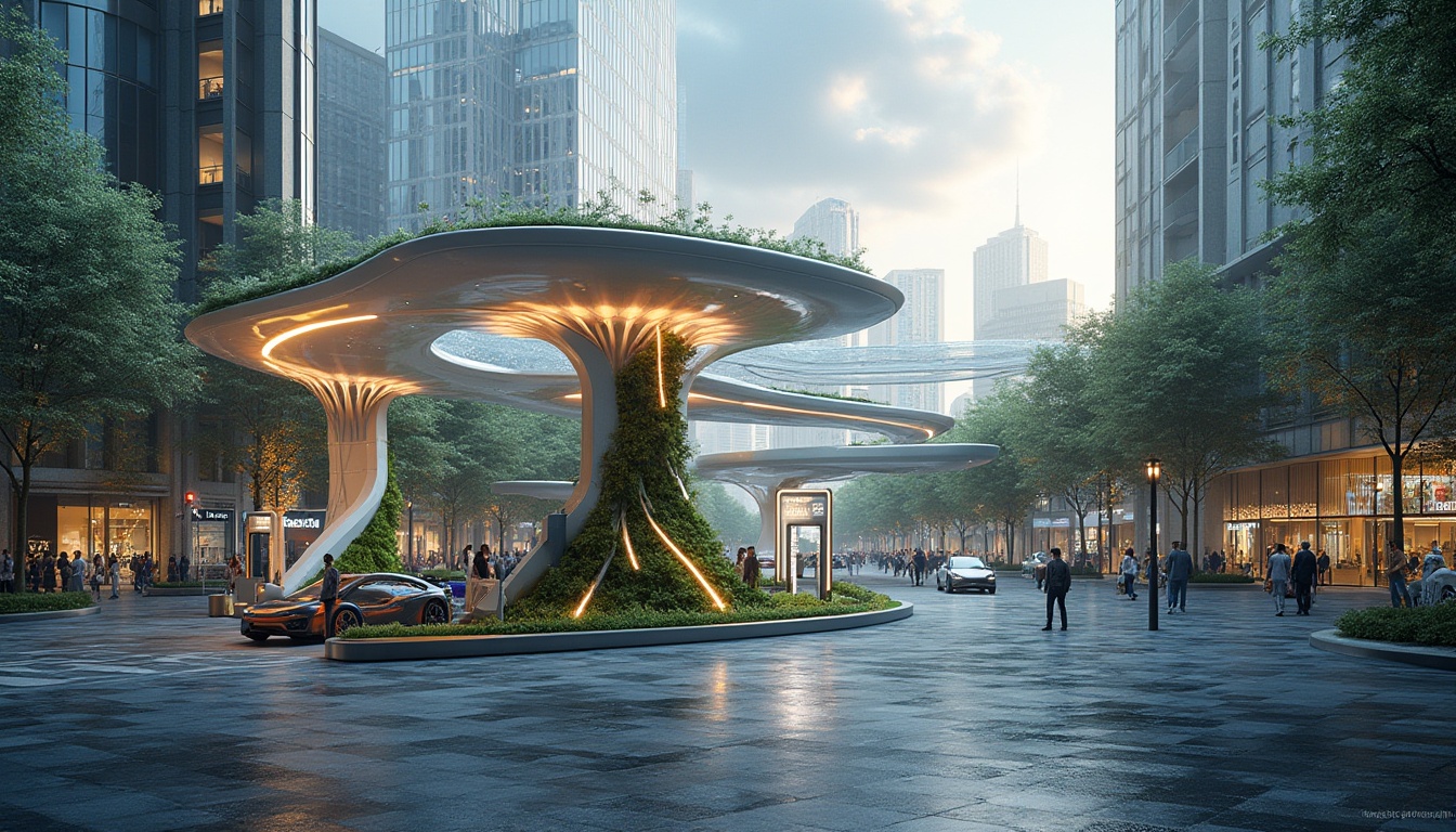 Prompt: Urban charging station, futuristic, sleek design, curved lines, organic shapes, green walls, living roofs, solar panels, wind turbines, energy-efficient, eco-friendly, urban jungle, cityscape, skyscrapers, modern buildings, bustling streets, people walking, electric vehicles, charging points, LED lights, neon signs, vibrant colors, dynamic composition, low-angle shot, dramatic lighting, 3/4 view.