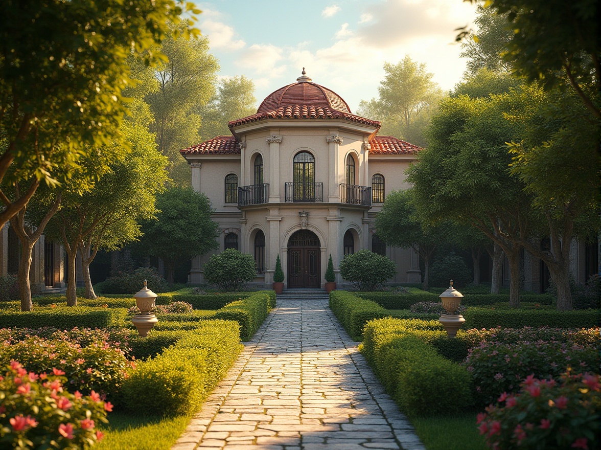 Prompt: Byzantine-style dorm, residential area, lush greenery, Mediterranean trees, vibrant flower beds, intricate stone pathways, ornate iron gates, grand entrance, symmetrical composition, warm golden lighting, afternoon sun, soft focus, dreamy atmosphere, luxurious villa, private courtyard, serene ambiance, peaceful coexistence with nature.