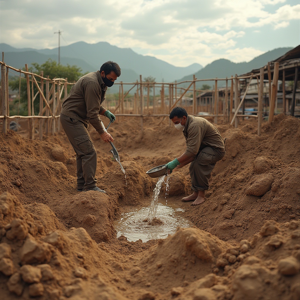 Prompt: Mud material, construction site, building process, eco-friendly, sustainable, natural resources, earthy tone, brown color, rough texture, irregular shape, manual labor, workers wearing gloves and masks, mixing mud with water, wooden frames, bamboo scaffolding, green architecture, environmental conservation, rural landscape, mountains in the distance, cloudy sky, soft natural light, warm atmosphere, 3/4 composition.