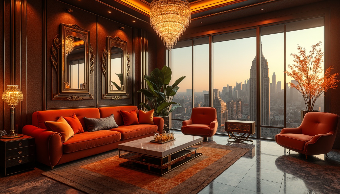 Prompt: Art Deco inspired living room, luxurious atmosphere, geometric patterns, metallic accents, bold color scheme, ornate mirrors, velvet sofa, marble coffee table, crystal chandelier, floor-to-ceiling windows, city skyscraper view, sunset lighting, warm tone, high contrast, 3/4 composition, cinematic angle, depth of field, retro futuristic ambiance.