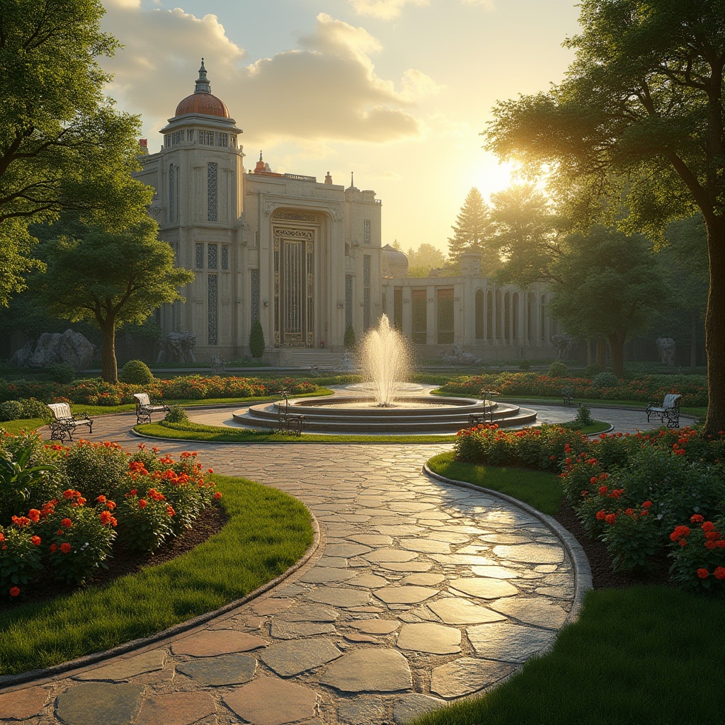 Prompt: Art Deco inspired park, lush greenery, vibrant flowers, curved geometric pathways, ornate metal benches, intricate stone carvings, grand fountain, majestic trees, natural rock formations, peacock statue, sun-drenched grass, warm ambient lighting, soft focus background, cinematic composition, 3/4 view, golden hour, warm color palette, symmetrical architecture, luxurious atmosphere.