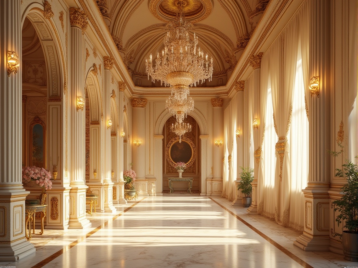 Prompt: Byzantine style interior, cream color walls, golden accents, intricate mosaics, ornate pillars, arches, lavish furnishings, velvet drapes, crystal chandeliers, luxurious atmosphere, warm lighting, regal ambiance, majestic composition, symmetrical arrangement, ornate frame mirrors, marble floors, detailed textures, high contrast, rich colors.