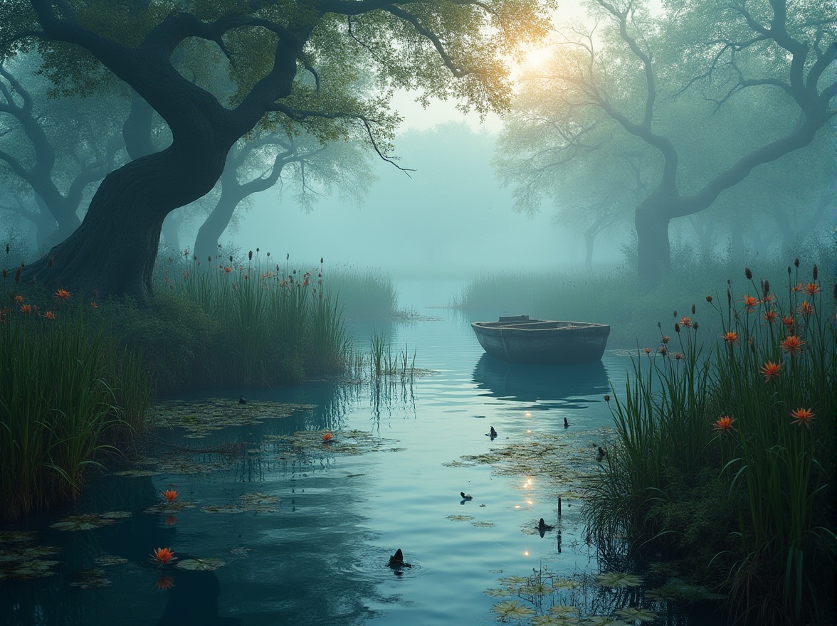 Prompt: Wetland scenery, Prussian blue water, misty atmosphere, lush green vegetation, twisted tree branches, foggy morning, soft lighting, shallow water reflection, ripples on the surface, wooden dock, rusty old boat, muddy shore, tall reeds swaying gently, water lilies blooming, dragonflies hovering above, warm and cozy ambient light, cinematic composition, 3/4 view, slight blur effect.