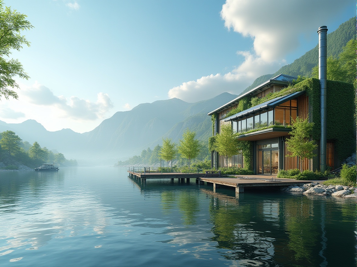 Prompt: Lakefront, factory, green architecture, modern industrial building, solar panels, large windows, steel frames, lush greenery, vertical garden, natural materials, wooden accents, eco-friendly, sustainable design, waterfront, serene atmosphere, peaceful surroundings, misty morning, soft sunlight, gentle ripples on the lake surface, distant mountains, blue sky with few white clouds, panoramic view, 3/4 composition, cinematic lighting.