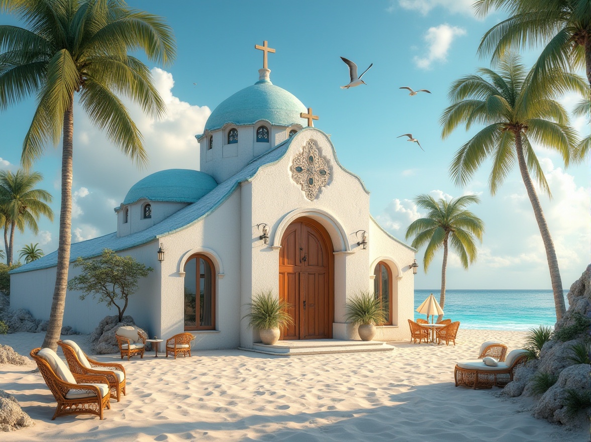 Prompt: Beachside church, coastal architecture, white stucco walls, blue domed roof, grand entrance with wooden doors, stained glass windows, intricate stone carvings, sandy dunes surrounding, palm trees swaying gently, seagulls flying overhead, warm sunlight casting long shadows, soft ocean breeze rustling fabric of worshipers, beach stones and shells incorporated into design, driftwood accents, woven wicker furniture, serene ambiance, peaceful atmosphere, dramatic cloud formations in the background, wide-angle shot, natural lighting, HDR.