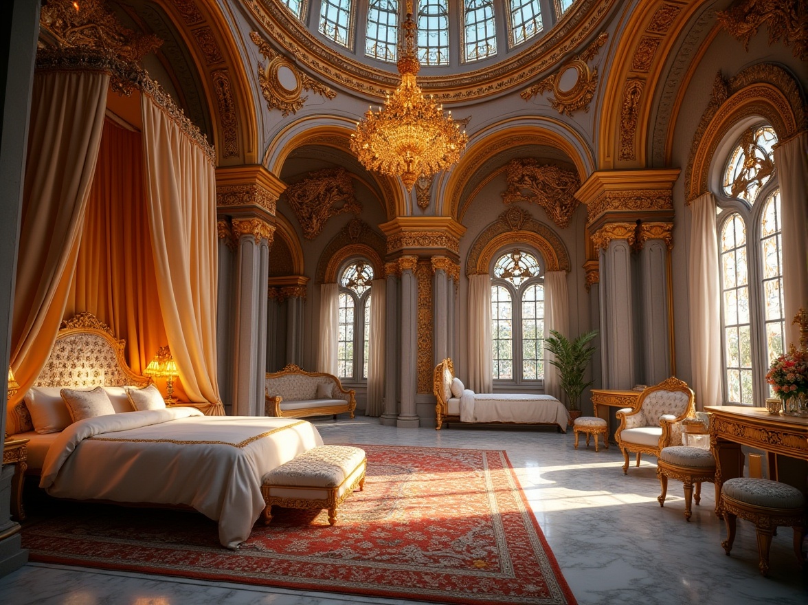 Prompt: Byzantine-inspired modern dormitory, luxurious golden chandeliers, intricate mosaics, ornate columns, grand arches, lavish drapery, velvet canopies, regal beds, marble floors, richly patterned rugs, ornamental metalwork, majestic dome ceiling, stained glass windows, soft warm lighting, atmospheric ambiance, 3/4 composition, cinematic camera angle, high contrast ratio, vibrant color palette, detailed textures, grandiose atmosphere.