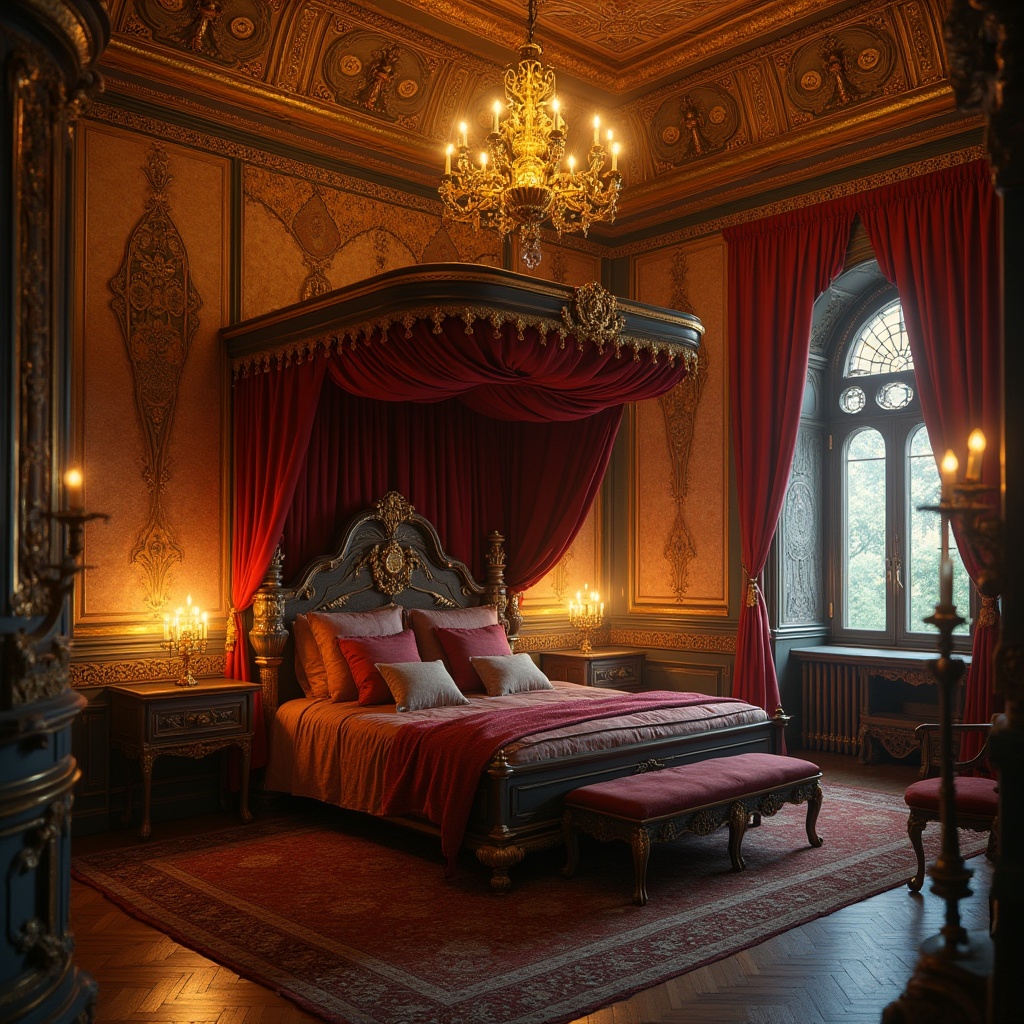 Prompt: Byzantine dorm interior, ornate plaster material, intricate carvings, gold accents, warm candle lighting, richly textured walls, vaulted ceiling, grand chandelier, majestic bed with velvet canopy, luxurious fabrics, heavy drapery, regal atmosphere, opulent decor, antique furniture, lavish details, solemn ambiance, mystical aura, warm color palette, soft focus, 3/4 composition, cinematic mood, Renaissance-inspired architecture.