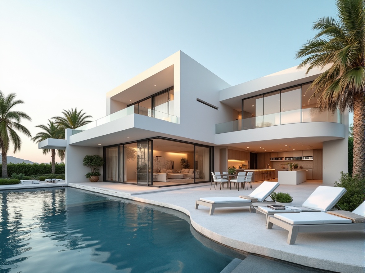 Prompt: Luxurious modern villa, Mediterranean style, white exterior walls, large windows, sliding glass doors, infinity pool, sun loungers, tropical plants, palm trees, curved lines, minimalist decor, open-plan living area, high ceilings, marble floors, sleek kitchen island, modern appliances, ambient lighting, warm color palette, afternoon sunlight, soft shadows, 3/4 composition, cinematic view.