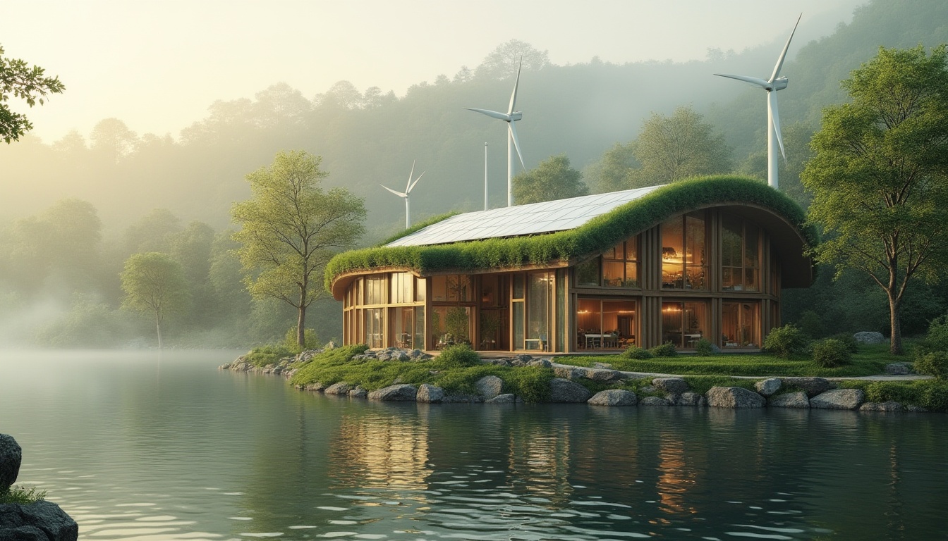 Prompt: Lakefront factory, green architecture, eco-friendly design, modern industrial building, vast windows, wooden accents, curved lines, natural stone exterior, lush green roof, solar panels, wind turbines, surrounding trees, tranquil lake view, misty morning atmosphere, warm sunrise lighting, serene composition, 3/4 angle, soft focus on background, vibrant reflection on water surface.