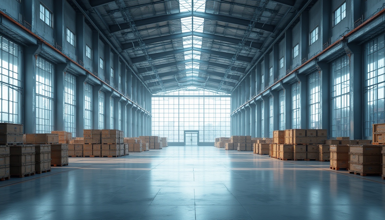 Prompt: Modern distribution center, international style, sleek lines, minimalist architecture, large glass windows, steel beams, polished concrete floor, cargo trucks, pallets, crates, industrial lighting, high ceiling, open space, futuristic atmosphere, 3/4 composition, panoramic view, softbox lighting, photorealistic rendering.