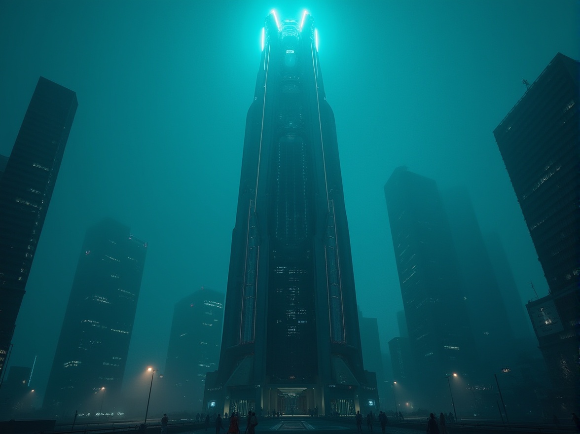 Prompt: Dark cyan color, futuristic building, modern skyscraper, sleek lines, metallic materials, neon lights, cityscape at night, misty atmosphere, mysterious ambiance, low-angle shot, cinematic composition, urban landscape, steel and glass structure, reflective surfaces, dramatic lighting, 3/4 composition, bold and edgy architecture, moody and ominous tone.