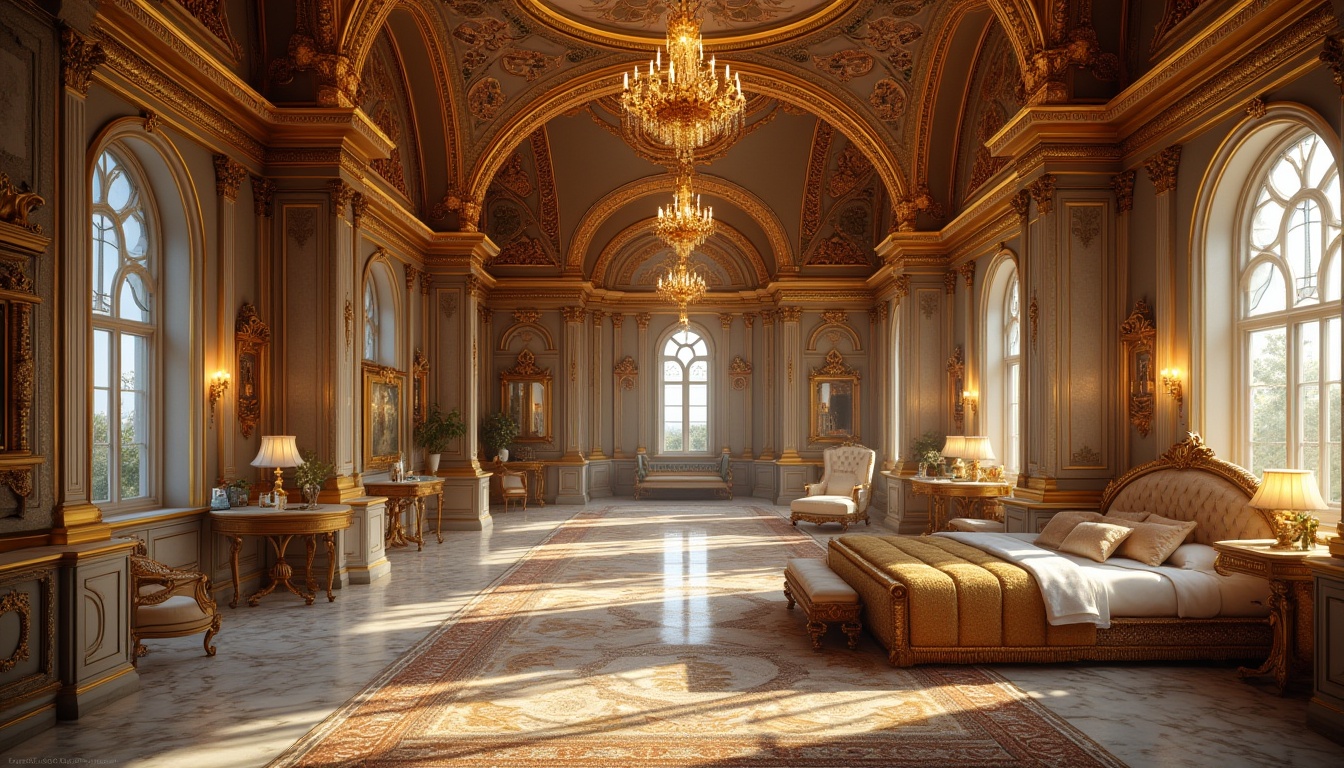 Prompt: Byzantine style, luxurious modern dormitory, ornate details, golden accents, intricate mosaics, arched windows, grand chandeliers, marble floors, lavish furnishings, regal atmosphere, warm lighting, rich textures, opulent fabrics, majestic columns, vaulted ceilings, symmetrical composition, 3/4 view, soft focus, cinematic mood.