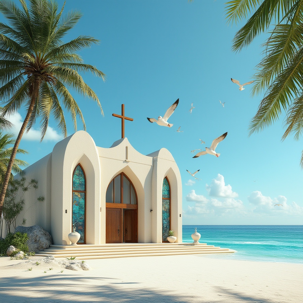 Prompt: Beachside church, tropical climate, sunny day, clear blue sky, palm trees swaying gently, white sandy beach, turquoise ocean water, seagulls flying overhead, coastal path leading to entrance, modern minimalist architecture, curved lines, large glass windows, natural ventilation, light beige stucco exterior, wooden cross on rooftop, stained glass windows depicting marine life, interior with warm wood accents, comfortable pews, calming ambiance, soft indirect lighting, 3/4 composition, wide-angle lens, vivid colors.