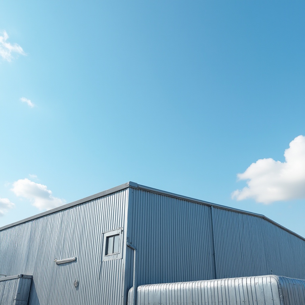 Prompt: Industrial background, modern architecture, galvanized steel building, silver-gray color, metallic texture, corrugated structure, clean lines, minimalist design, urban setting, cityscape, blue sky, few white clouds, strong contrast, high-key lighting, 3/4 composition, straight angle shot.