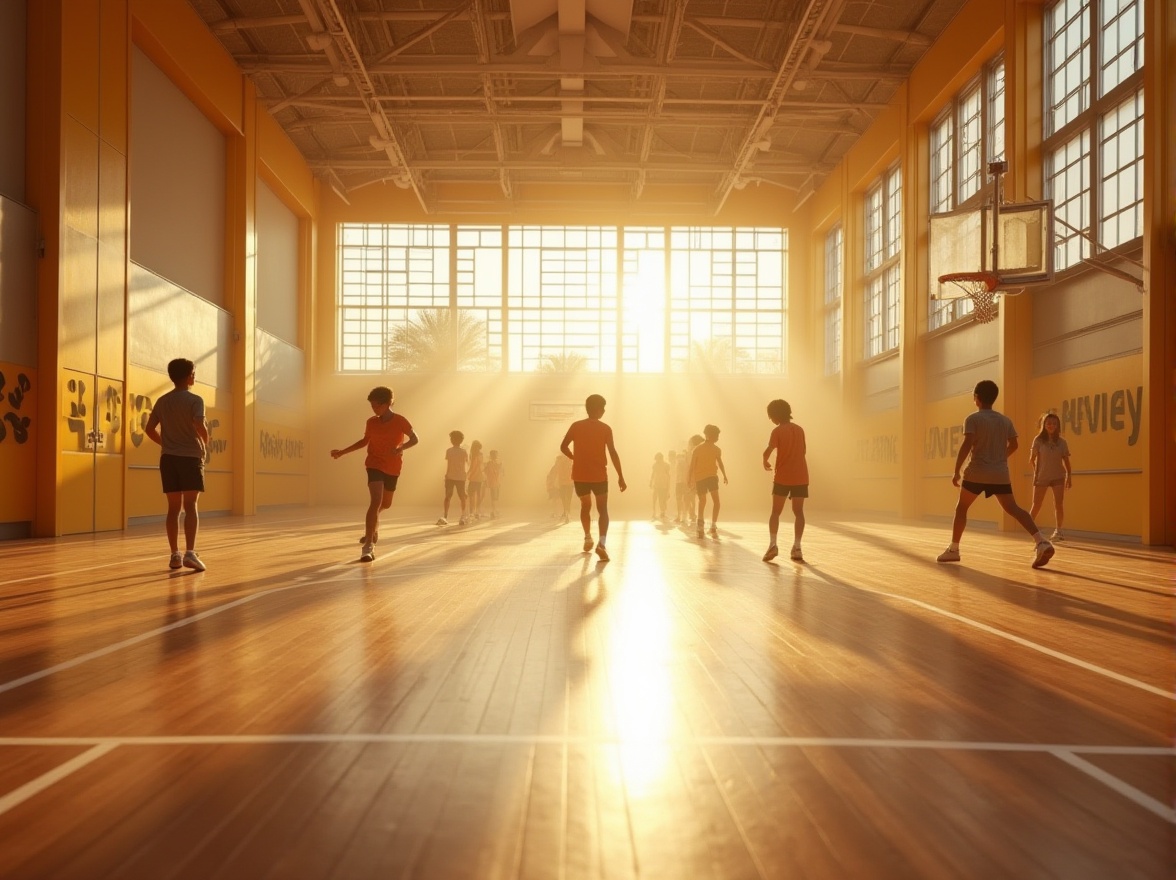 Prompt: Golden gymnasium, morning light, bright ambiance, modern architecture, high ceiling, wooden floor, basketball court, rows of sports equipment, golden accents on walls and pillars, motivational quotes in bold font, athletic teenagers, dynamic movements, energetic atmosphere, shiny polished floors, metallic texture, minimalistic decor, natural light pouring through large windows, slight mist, shallow depth of field, 3/4 composition, warm color tone, soft focus.