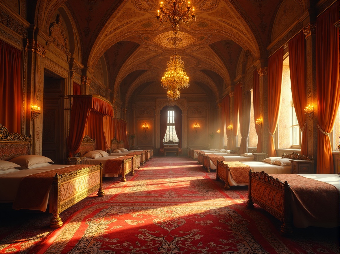 Prompt: Byzantine style dorm, grand luxurious interior, ornate golden chandeliers, soft warm yellow lighting, elaborate mosaics on walls, intricate patterns on ceiling, regal red carpets, majestic stone pillars, ornate wooden beds with velvet canopies, richly embroidered curtains, subtle dramatic shadows, low-key warm tone, softbox lighting effect, atmospheric ambient occlusion.