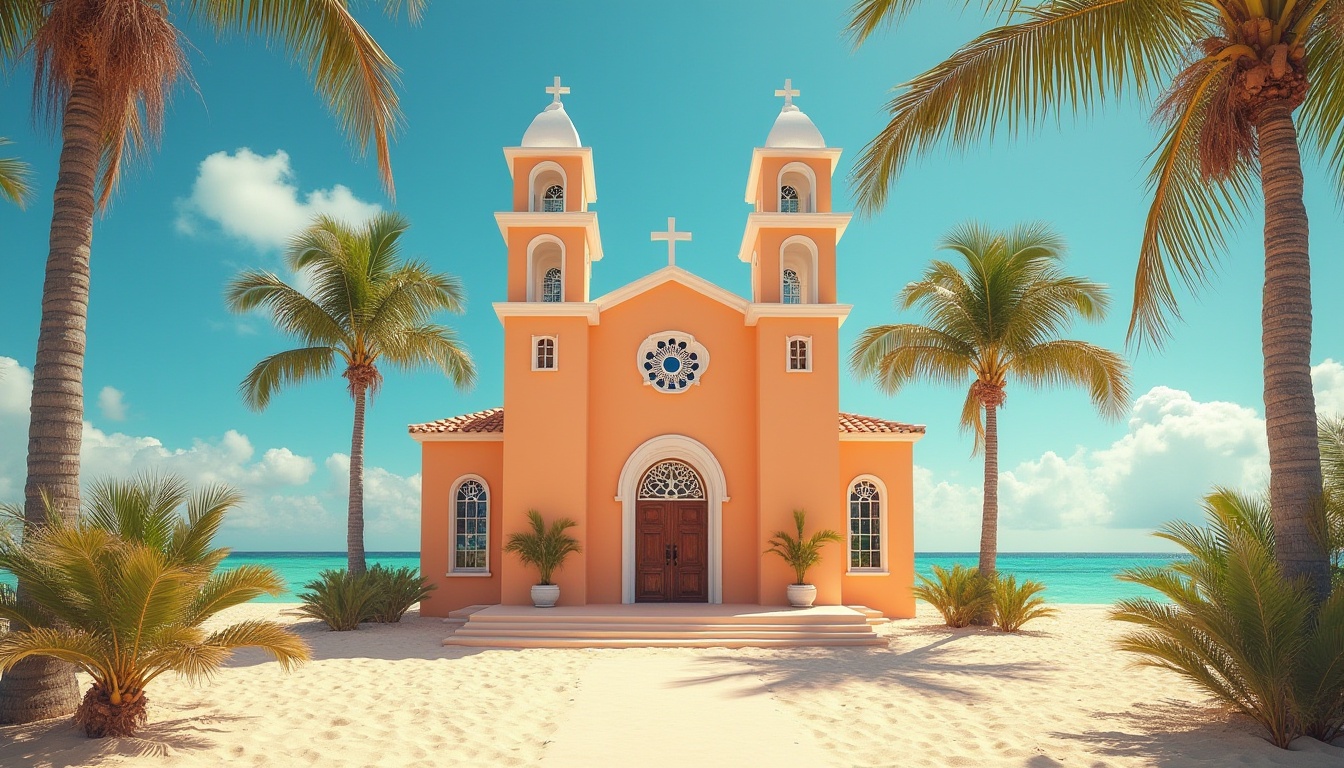 Prompt: Warm apricot color, beach church, exterior, bright sunny day, clear blue sky, few white clouds, palm trees surrounding, sand-covered path leading to entrance, stained glass windows, ornate wooden door, soft warm lighting, gentle sea breeze, serene atmosphere, coastal scenery, tranquil composition, 3/4 angle view, natural texture, vivid colors.